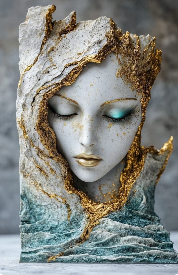 Escultura de um rosto feminino em pedra clara com veios dourados e água